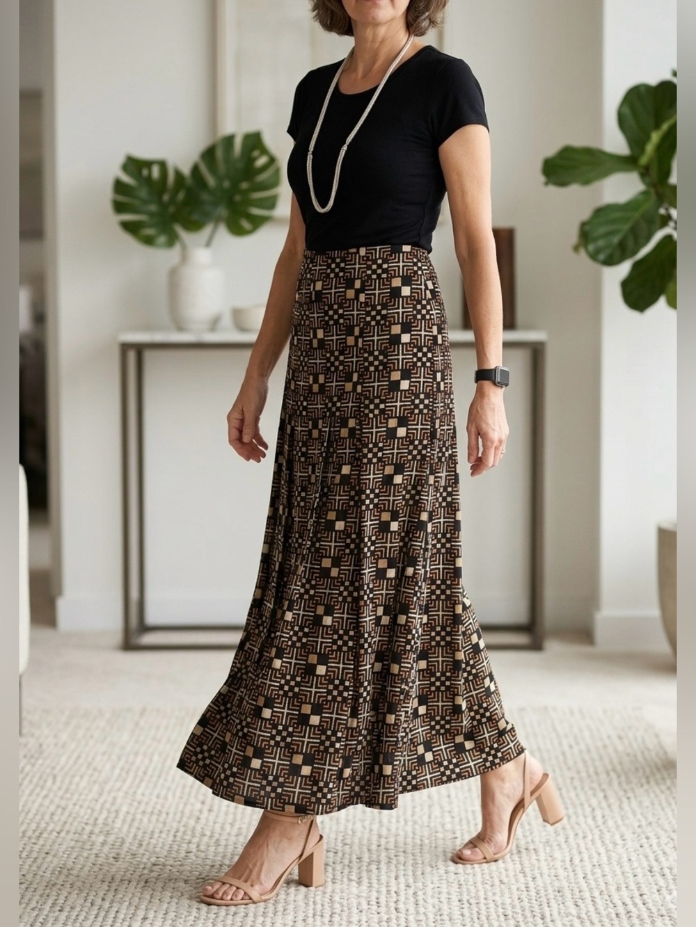 Emanuel Ungaro Geometric Maxi Skirt in Black & Brown